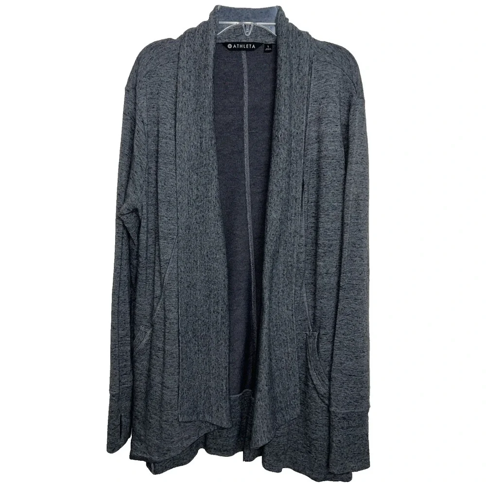 Athleta Women's Cardigan Sweater Size Large Gray Charcoal Heather Open Front C12